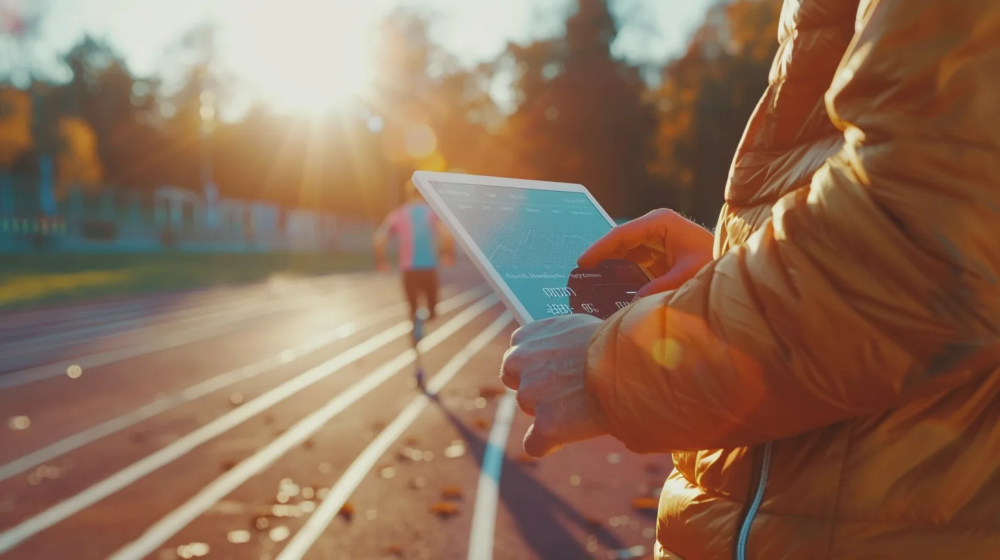 Examinátor zapisuje výsledky přijímací zkoušky na tabletu u atletické dráhy